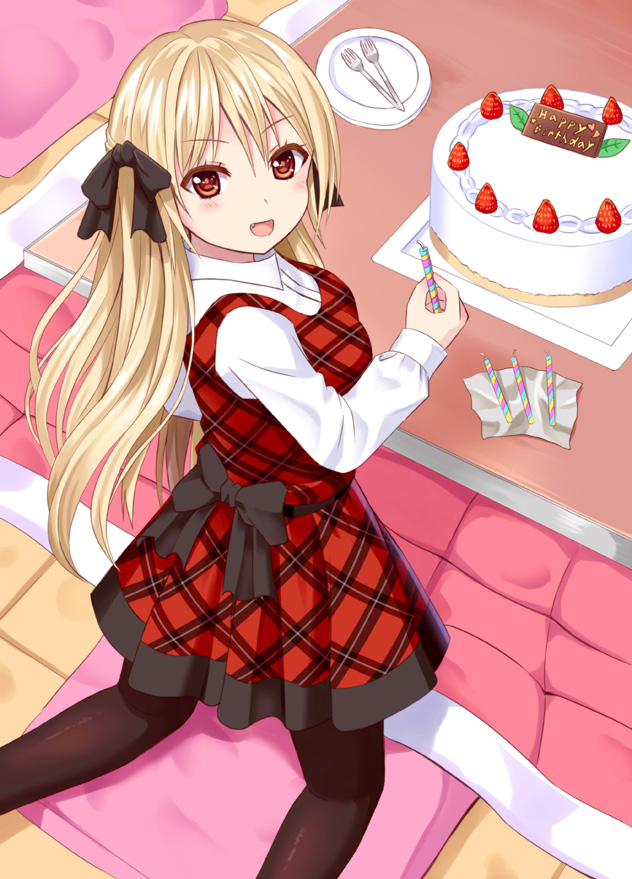 1girl :d back_bow bangs birthday_cake black_bow black_legwear blonde_hair blush bow breasts brown_eyes cake candle collared_shirt commentary_request cushion dress eyebrows_visible_through_hair food fork from_above hair_between_eyes hair_bow happy_birthday holding holding_candle indoors kneeling kotatsu long_hair long_sleeves looking_at_viewer looking_back open_mouth original pantyhose plaid plaid_dress plate pleated_dress red_dress revision shirt small_breasts smile solo table tsukino_neru very_long_hair white_shirt zabuton