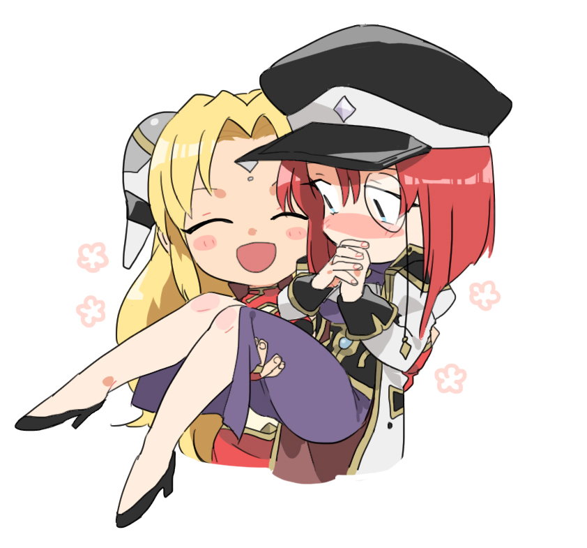 2girls :d blonde_hair blue_eyes blush breasts chibi closed_eyes facial_mark forehead_mark forte_stollen galaxy_angel hair_ornament hakinikui_kutsu_no_mise happy hat long_hair military_hat monocle multiple_girls open_mouth ranpha_franboise redhead short_hair skirt smile uniform yuri