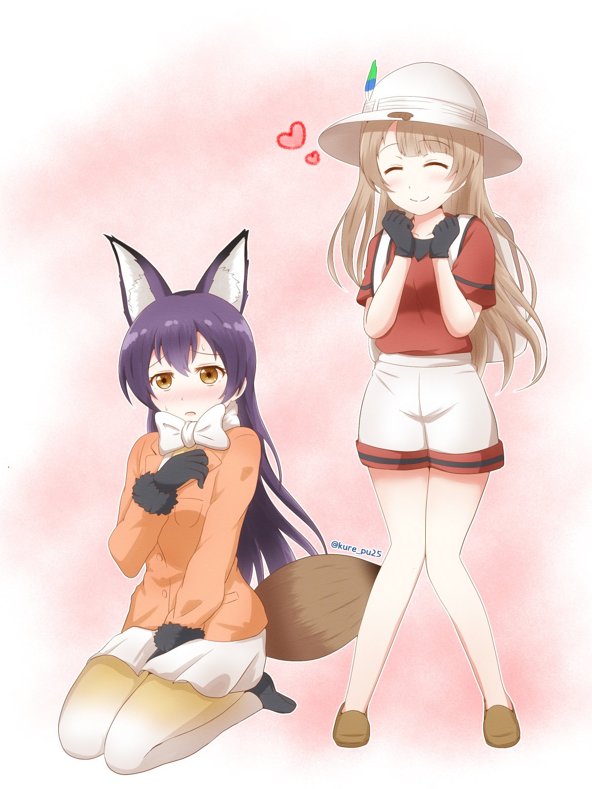 2girls animal_ears bag bangs blue_hair blush bow closed_eyes commentary_request cosplay embarrassed ezo_red_fox_(kemono_friends) ezo_red_fox_(kemono_friends)_(cosplay) fox_ears full_body grey_hair hair_between_eyes hat_feather heart helmet highres kaban_(kemono_friends) kaban_(kemono_friends)_(cosplay) kemono_friends kousaka_kure long_hair long_sleeves love_live! love_live!_school_idol_project mimori_suzuko minami_kotori multiple_girls one_side_up open_mouth pith_helmet seiyuu_connection seiza simple_background sitting sonoda_umi uchida_aya yellow_eyes