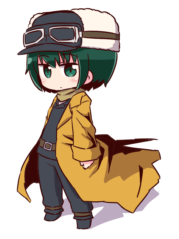 1girl bangs belt belt_buckle black_footwear black_jacket black_pants blush brown_belt brown_coat brown_scarf buckle chibi closed_mouth coat eyebrows_visible_through_hair flat_cap full_body fur_hat goggles goggles_on_headwear green_eyes green_hair hair_between_eyes hat jacket kino kino_no_tabi long_sleeves looking_at_viewer naga_u open_clothes open_coat pants scarf shadow shoes sleeves_past_wrists solo standing white_background white_hat