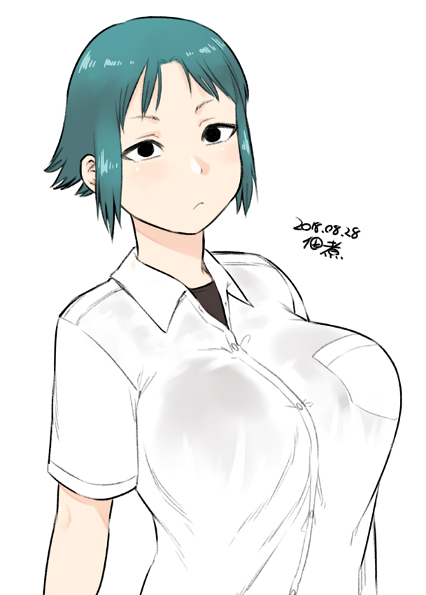 1girl black_eyes black_shirt blue_hair breast_pocket breasts closed_mouth collared_shirt dated huge_breasts looking_at_viewer original pocket shirt short_hair short_sleeves signature simple_background solo tsukudani_(coke-buta) uppercut white_background white_shirt wing_collar