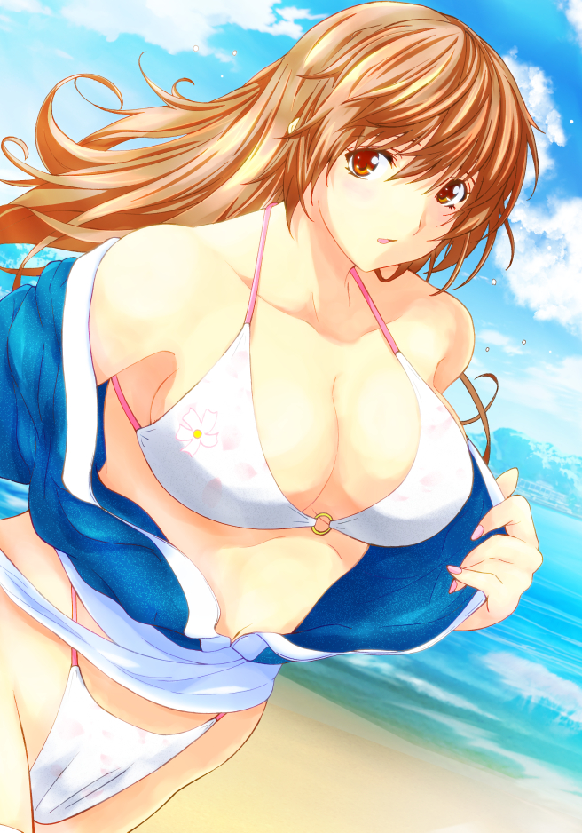 1girl bangs beach bikini bikini_under_clothes blue_sky blush breasts brown_eyes brown_hair cleavage clouds cloudy_sky collarbone commentary_request cute day dead_or_alive dead_or_alive_xtreme eyebrows_visible_through_hair floral_print hair_down japanese_clothes kasumi_(doa) kettsu koei_tecmo large_breasts long_hair looking_at_viewer ninja open_clothes outdoors parted_lips print_bikini sand sash sky solo standing swimsuit white_bikini