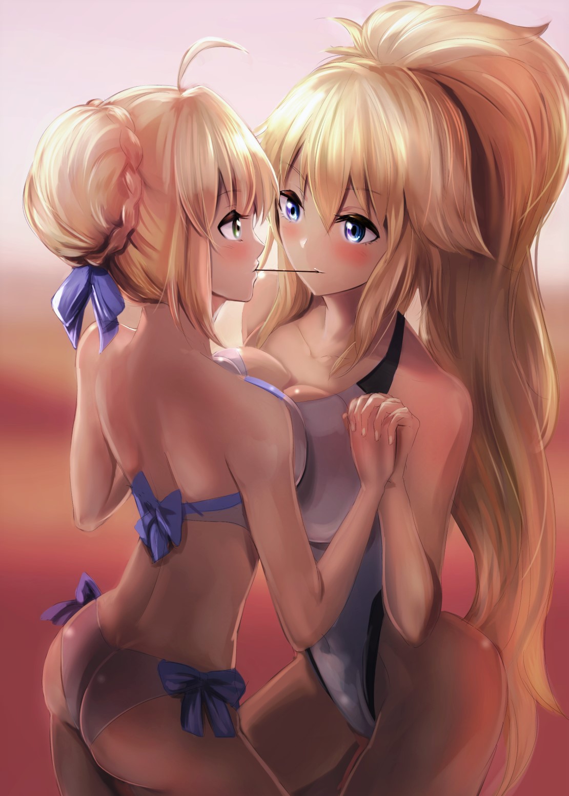 artoria_pendragon_(all) artoria_pendragon_(swimsuit_archer) blonde_hair blue_eyes breast_squeeze breasts fate/grand_order fate_(series) food green_eyes hand_holding highres jeanne_d'arc_(alter)_(fate) jeanne_d'arc_(fate)_(all) jeanne_d'arc_(swimsuit_archer) long_hair pocky pocky_kiss saber shared_food swimsuit