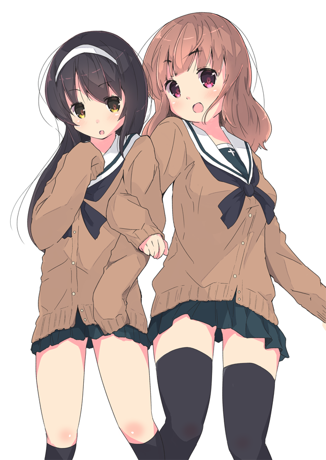 2girls alternate_eye_color alternate_skirt bangs black_hair black_legwear black_neckwear black_skirt blunt_bangs brown_eyes brown_sweater cardigan commentary eyebrows_visible_through_hair frown girls_und_panzer hairband kneehighs locked_arms long_hair long_sleeves looking_at_viewer miniskirt multiple_girls neckerchief ooarai_school_uniform open_mouth orange_hair pleated_skirt reizei_mako school_uniform serafuku simple_background skirt sleeves_past_wrists smile standing sweater takebe_saori thigh-highs tom_q_(tomtoq) white_background white_hairband winter_uniform zettai_ryouiki