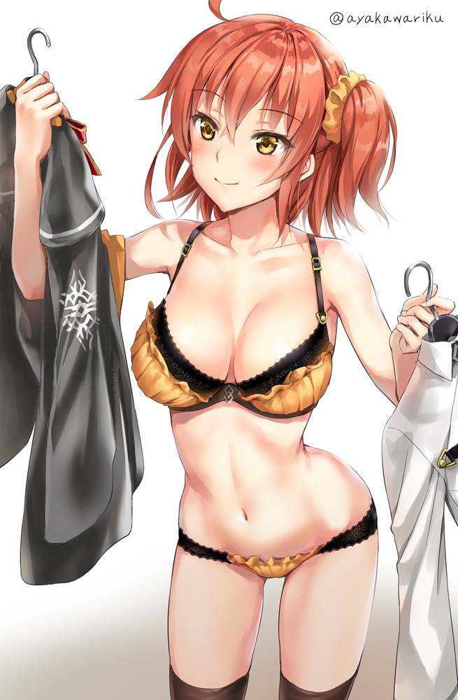 1girl ahoge ayakawa_riku bangs bare_shoulders black_legwear blush bra breasts chaldea_uniform cleavage closed_mouth clothes_hanger collarbone fate/grand_order fate_(series) fujimaru_ritsuka_(female) hair_between_eyes hair_ornament hair_scrunchie hips large_breasts lingerie mage's_association_uniform navel orange_bra orange_eyes orange_hair orange_panties orange_scrunchie panties scrunchie short_hair side_ponytail simple_background smile solo thigh-highs thighs underwear white_background