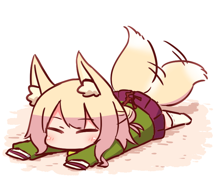 1girl afterimage animal_ear_fluff animal_ears bangs blonde_hair blush closed_eyes eyebrows_visible_through_hair facing_viewer fox_ears fox_girl fox_tail full_body green_shirt hair_bun hair_ornament kemomimi-chan_(naga_u) long_hair long_sleeves lying naga_u no_shoes on_stomach original pleated_skirt purple_skirt ribbon-trimmed_legwear ribbon_trim shirt sidelocks skirt sleeves_past_fingers sleeves_past_wrists solo tail tail_raised tail_wagging thigh-highs white_background white_legwear