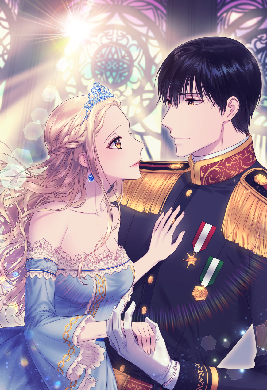 1boy 1girl bare_shoulders black_hair blonde_hair blue_dress blue_earrings braid breasts brown_eyes cover cover_page crown crown_braid detached_sleeves dress earrings epaulettes eye_contact gloves hand_on_another's_chest hetero highres holding_hand hsmoji indoors jewelry lipstick looking_at_another makeup medal medium_breasts military military_uniform novel_cover official_art sunlight uniform upper_body white_gloves wide_sleeves