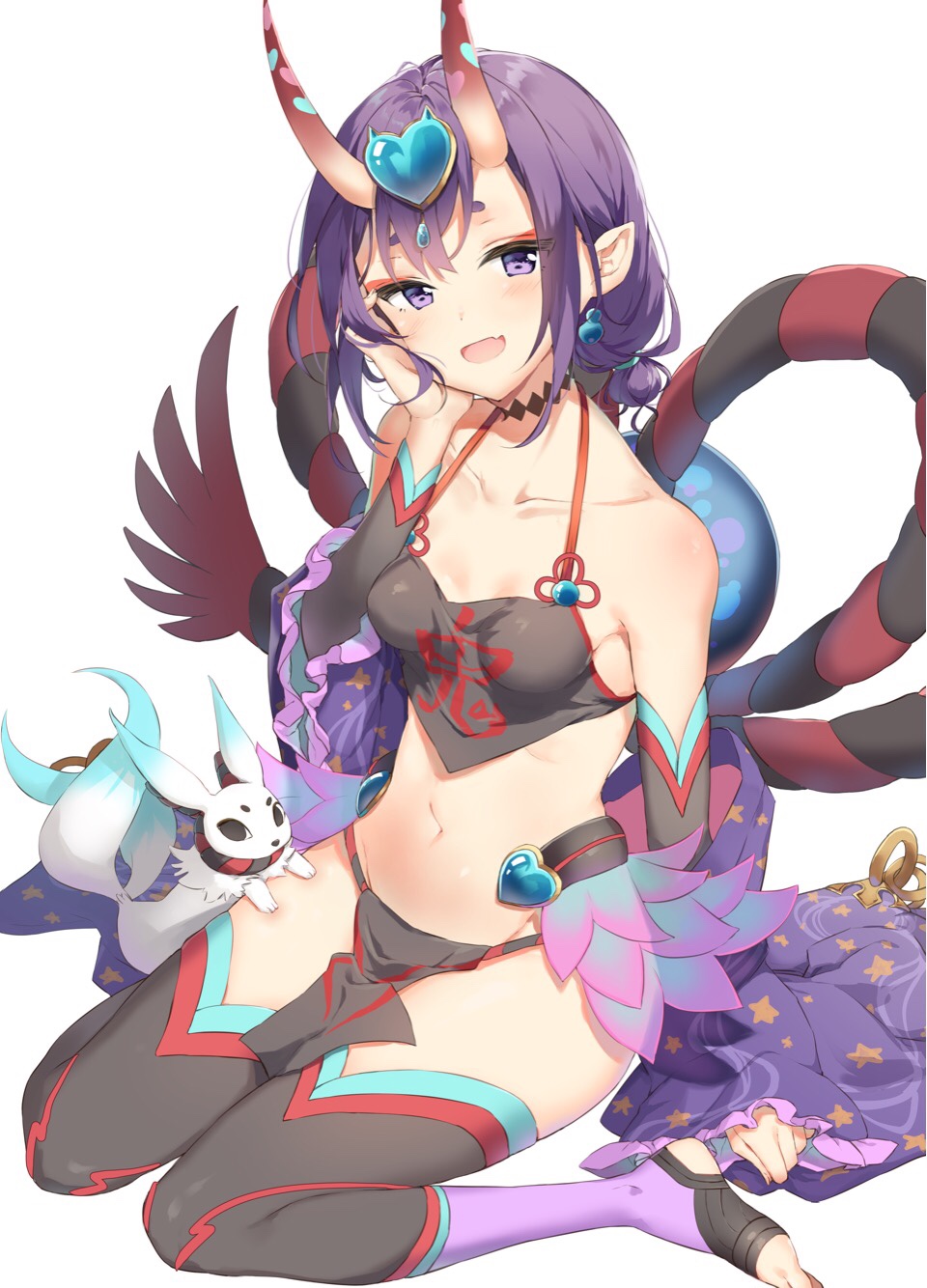 1girl :d bangs black_legwear black_sleeves blush breasts collarbone creature detached_sleeves dudou eyebrows_behind_hair fang fate/grand_order fate_(series) hair_between_eyes hand_on_own_cheek hand_up head_tilt headpiece heart highres horns long_sleeves navel no_shoes oni oni_horns open_mouth purple_hair short_eyebrows shuten_douji_(fate/grand_order) shuten_douji_(halloween)_(fate) simple_background sitting sleeves_past_wrists small_breasts smile solo stirrup_legwear thick_eyebrows thigh-highs toeless_legwear toeless_thighhighs violet_eyes wariza white_background wide_sleeves