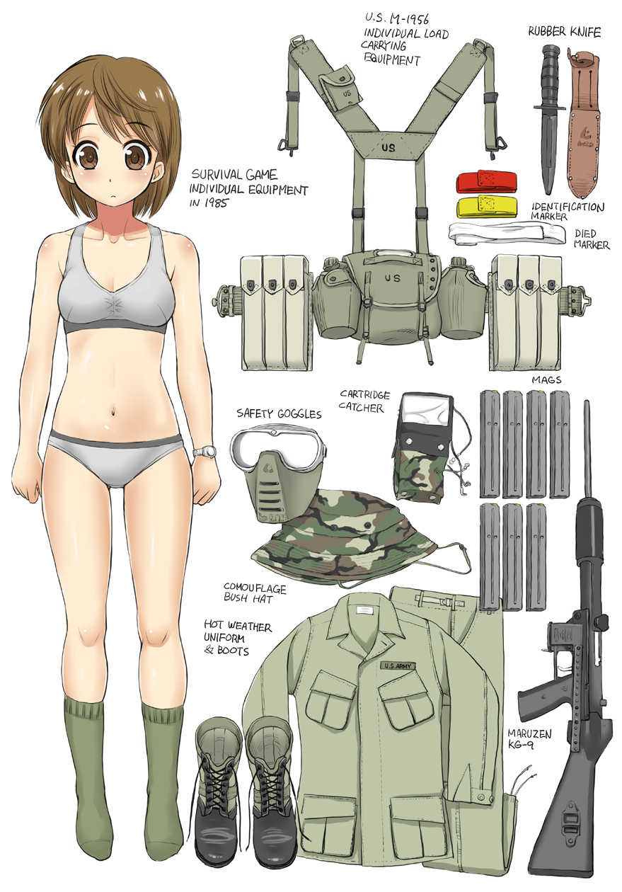 1girl assault_rifle blush boots boots_removed bra breasts brown_eyes brown_gloves brown_hair camouflage closed_mouth clothes_removed commentary_request ebifly english eyebrows_visible_through_hair gloves goggles green_legwear grey_bra grey_panties gun hat highres knife medium_breasts military military_uniform navel original panties pouch rifle short_hair simple_background socks solo standing underwear uniform watch watch weapon white_background