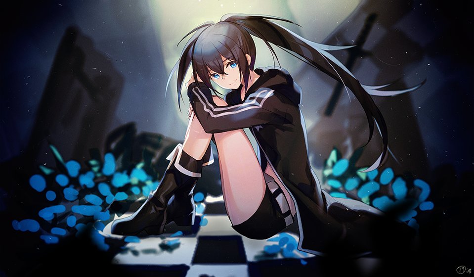 1girl asymmetrical_hair black_footwear black_hair black_jacket black_rock_shooter black_rock_shooter_(character) black_shorts blue_eyes boots checkered checkered_floor eyebrows_visible_through_hair from_side full_body hair_between_eyes hood hood_down hooded_jacket jacket leg_hug long_hair looking_at_viewer midriff nagu open_clothes open_jacket short_shorts shorts sitting smile solo twintails