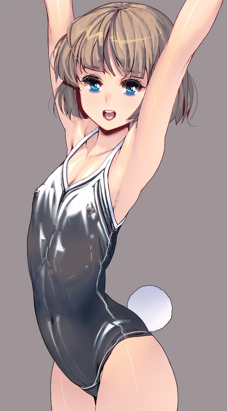 1girl arms_up bangs blue_eyes brown_hair bunny_tail cowboy_shot erect_nipples flat_chest grey_background highres latex long_hair masao one-piece_swimsuit open_mouth original school_swimsuit shiny shiny_clothes short_hair solo standing swimsuit tail
