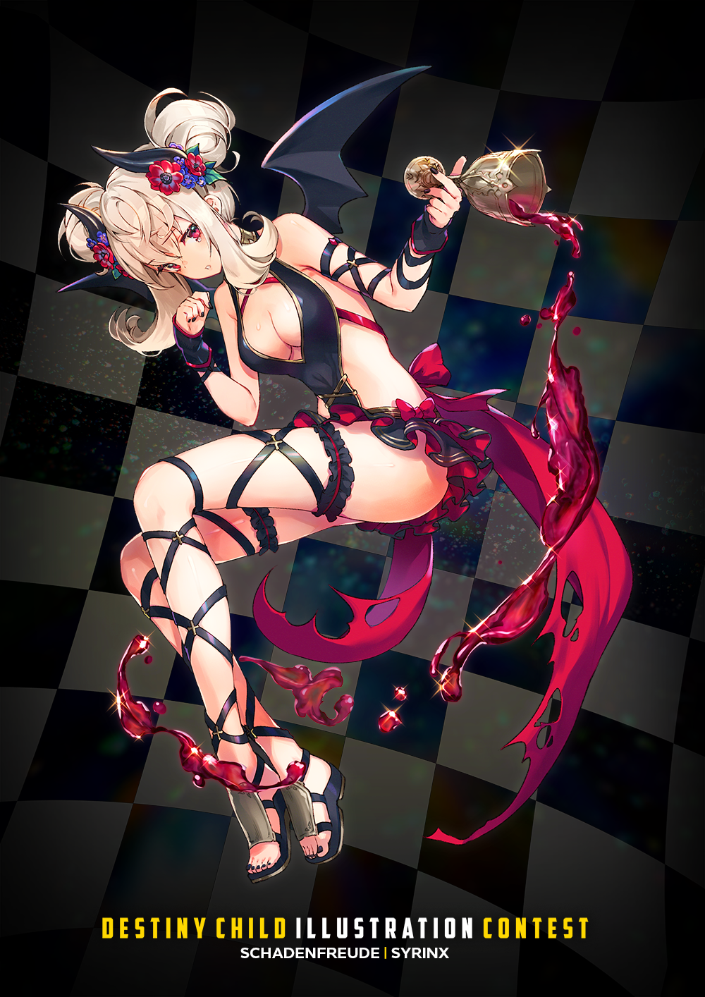 1girl black_wings breasts checkered checkered_background cleavage cup demon_wings destiny_child double_bun flower full_body hair_flower hair_ornament highres holding holding_cup horns large_breasts long_hair looking_at_viewer nagu parted_lips red_eyes red_flower sidelocks silver_hair solo thigh_strap wings wrist_cuffs