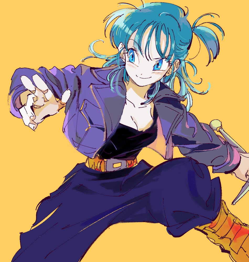 1girl belt black_shirt blue_eyes blue_hair boots bulma cosplay dragon_ball dragon_ball_(classic) dragonball_z eyebrows_visible_through_hair fighting_stance fingernails floating_hair grin jacket looking_away open_clothes open_jacket orange_background pants shirt side_ponytail simple_background smile solo spread_legs sujin sword trunks_(dragon_ball) trunks_(dragon_ball)_(cosplay) weapon