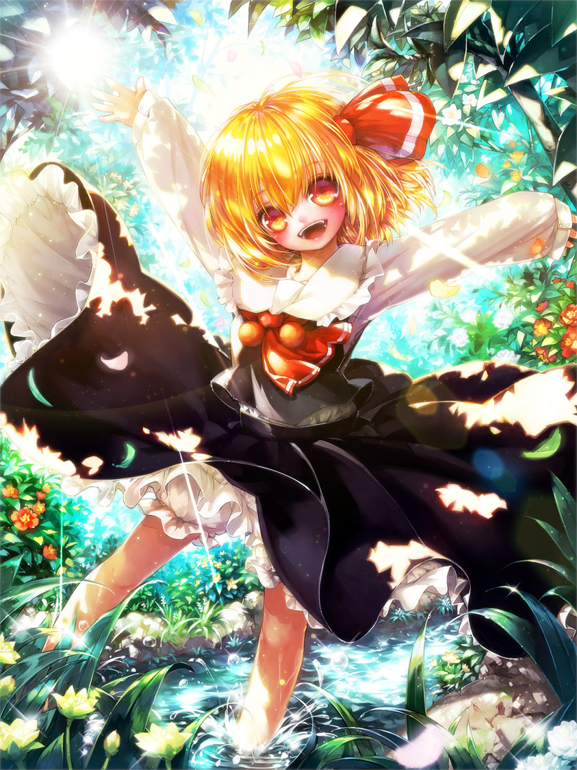 1girl arms_up bangs black_skirt black_vest blonde_hair bloomers blurry bush cravat dappled_sunlight day depth_of_field diffraction_spikes eyebrows_visible_through_hair flower glint hair_between_eyes hair_ribbon head_tilt leaning_over long_sleeves looking_at_viewer misaki_(kyal_001) open_mouth orange_eyes outdoors outstretched_arms petals red_neckwear ribbon rumia shirt short_hair skirt skirt_lift sleeves_past_wrists solo spread_arms standing standing_on_one_leg stream sun sunlight touhou tree underwear upper_teeth vest wading white_shirt