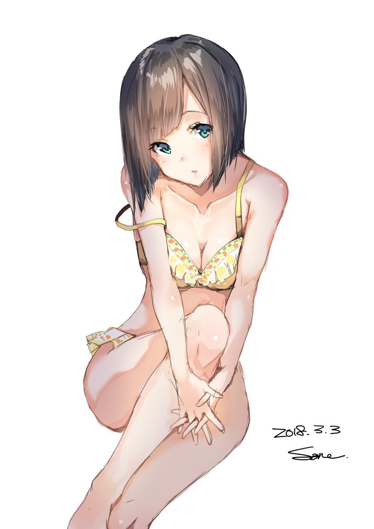 1girl 2018 bikini breasts brown_hair cleavage collarbone dated frilled_bikini frills green_eyes head_tilt interlocked_fingers medium_breasts original parted_lips sheath shiny shiny_hair short_hair signature simple_background sitting sketch solo sone_(takahiro-osone) swimsuit white_background yellow_bikini