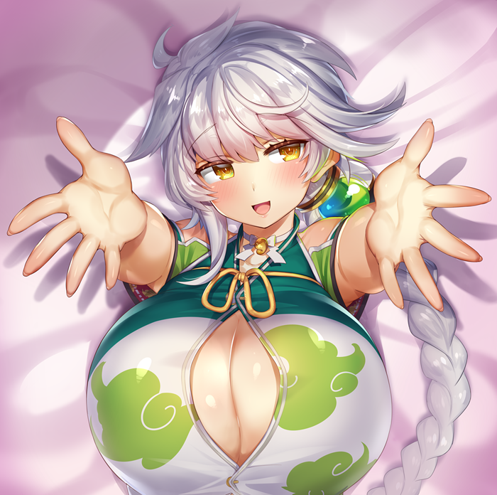 1girl breasts brown_eyes cleavage commentary_request gigantic_breasts hands kantai_collection large_breasts long_hair looking_at_viewer lying on_back raised_eyebrows reaching_out silver_hair smile solo unryuu_(kantai_collection) upper_body yamaarashi