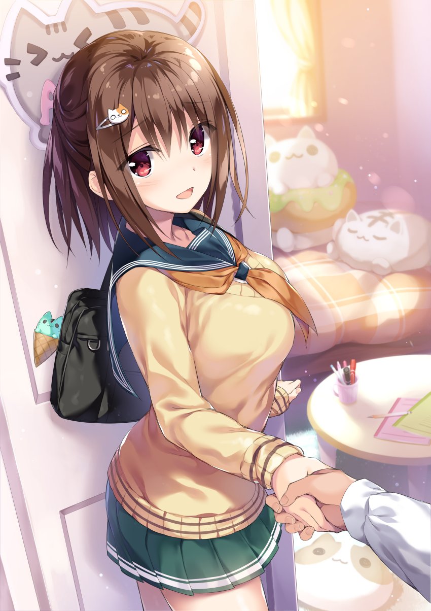 &gt;_&lt; 1girl :d bag bangs bed bedroom blue_sailor_collar blue_skirt blush breasts brown_hair cat_hair_ornament commentary_request cowboy_shot cup curtains day door duffel_bag eyebrows_visible_through_hair hair_ornament hairclip half_updo hand_holding highres indoors large_breasts light_particles long_sleeves looking_at_viewer marker miniskirt mug neckerchief notebook open_mouth orange_neckwear original oryou pen plaid pleated_skirt pov pov_hands red_eyes sailor_collar school_bag school_uniform shirt short_hair sidelocks skirt sleeves_past_wrists smile solo_focus standing stuffed_animal stuffed_cat stuffed_toy sweater table undershirt white_shirt window yellow_sweater