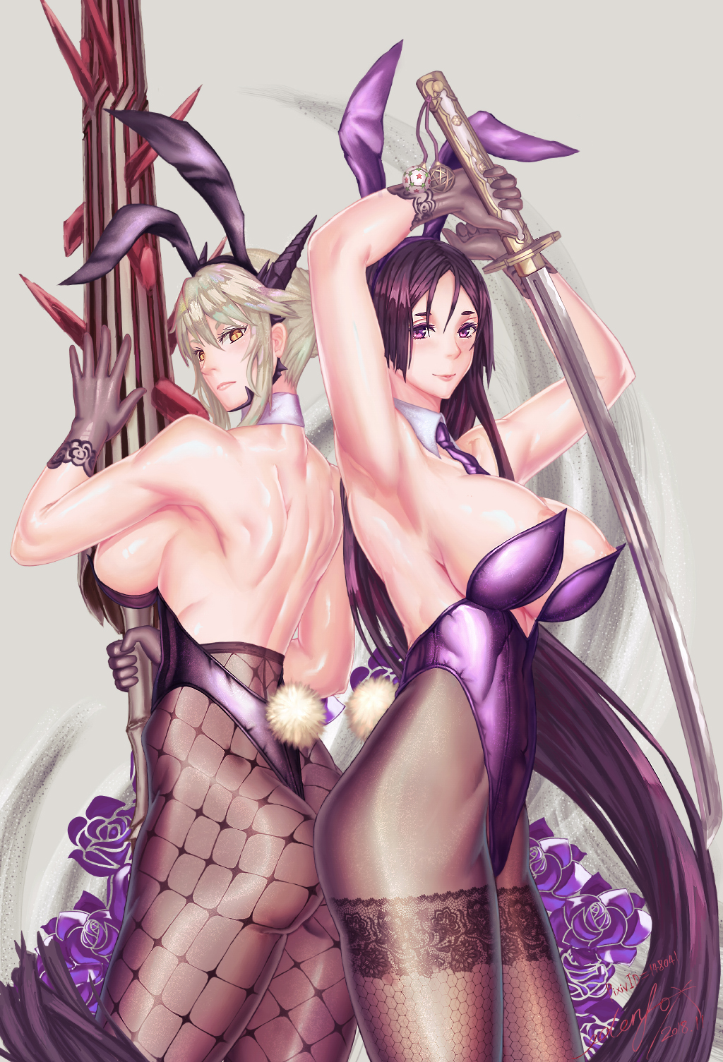 2girls animal_ears armpits arms_up artoria_pendragon_(all) artoria_pendragon_(lancer_alter) ass bare_back bare_shoulders blonde_hair breasts bunny_girl bunnysuit commentary_request edenfox fate/grand_order fate_(series) gloves highres huge_breasts katana lance long_hair looking_at_viewer looking_back minamoto_no_raikou_(fate/grand_order) multiple_girls necktie pantyhose pink_background polearm purple_hair rabbit_ears sideboob smile sword thighs very_long_hair weapon yellow_eyes