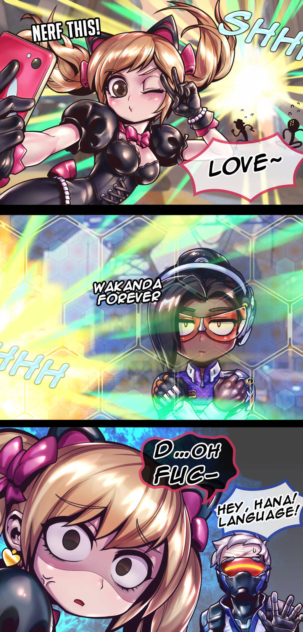 1boy 2girls 3koma ;3 alternate_costume alternate_hairstyle anger_vein animal_ears bangs black_cat_d.va black_gloves black_panther_(film) blonde_hair bow bow_choker breasts brown_eyes cat_ears cellphone chibi choker comic commentary corset crossed_arms d.va_(overwatch) dark_skin earrings empty_eyes energy_shield english english_commentary eyebrows_visible_through_hair gameplay_mechanics gloves grey_hair hair_bow hair_over_one_eye heart heart_earrings highres jewelry jitome marvel mccree_(overwatch) medium_breasts multiple_girls overwatch parody phantom_ix_row phone pose profanity puffy_short_sleeves puffy_sleeves scar scar_across_eye self_shot short_sleeves silhouette single_glove smartphone soldier:_76_(overwatch) speech_bubble swept_bangs vishkar_symmetra visor zenyatta_(overwatch)