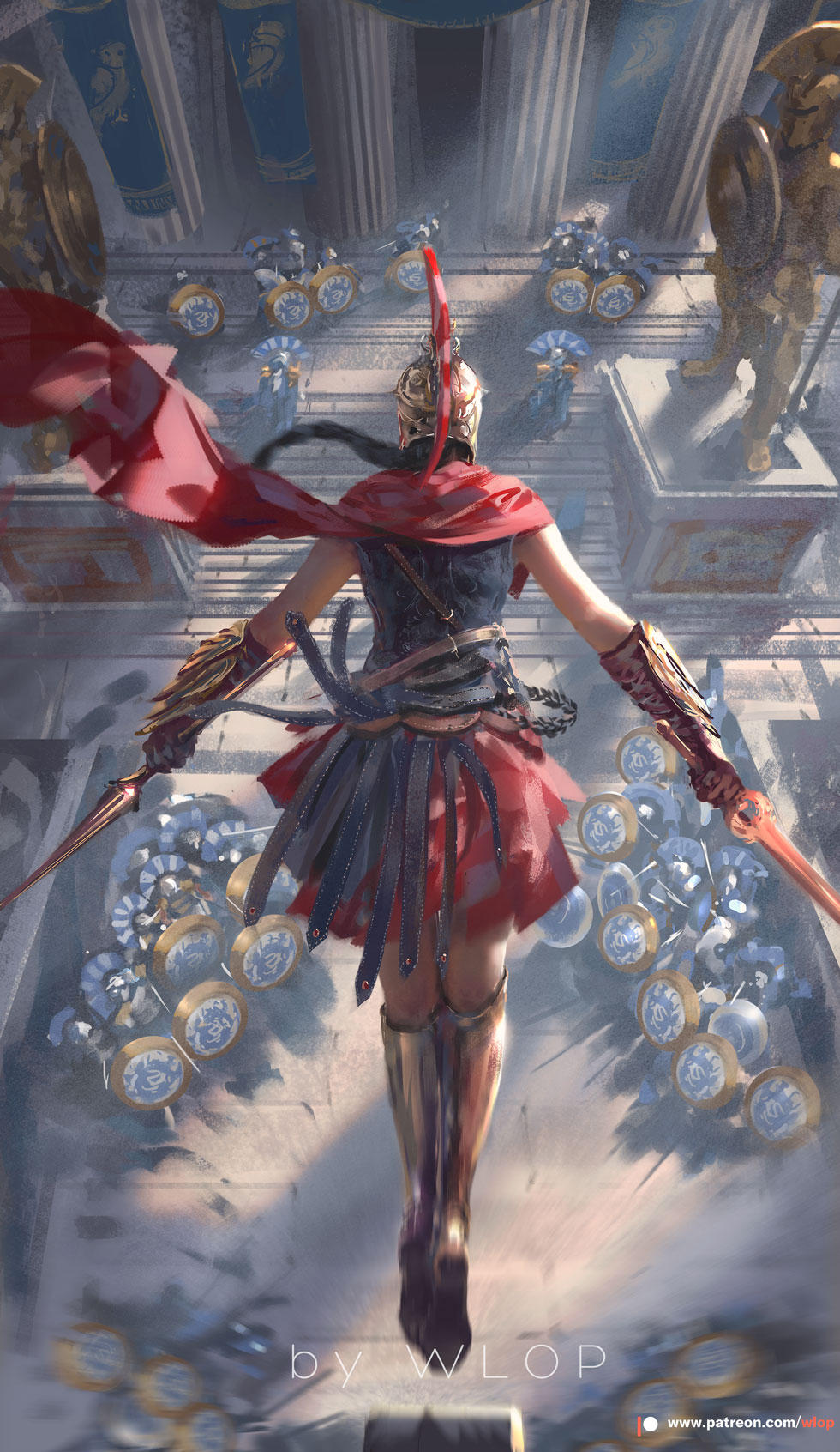 ambiguous_gender artist_name assassin's_creed:_odyssey assassin's_creed_(series) belt bracer braid column dual_wielding falling from_behind helm helmet highres holding long_hair metal_boots motion_blur patreon_username pillar pleated_skirt plume polearm red_skirt shield skirt soldier solo_focus spear statue weapon wlop