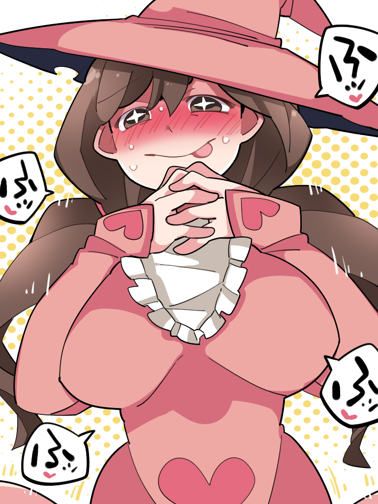 +_+ 1girl blush breasts brown_eyes brown_hair commentary_request dress hammer_(sunset_beach) hands_clasped hat heart large_breasts looking_at_viewer original own_hands_together pink_dress smile solo tongue tongue_out upper_body witch witch_hat