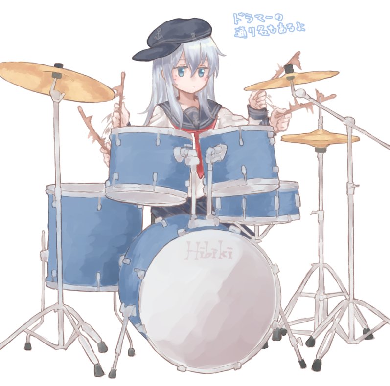 1girl afterimage anchor_symbol az_toride black_hat black_sailor_collar black_skirt blue_eyes commentary_request cymbals drum drum_set drumsticks flat_cap full_body hat hibiki_(kantai_collection) instrument kantai_collection long_hair long_sleeves neckerchief pleated_skirt red_neckwear sailor_collar school_uniform serafuku silver_hair simple_background skirt solo white_background