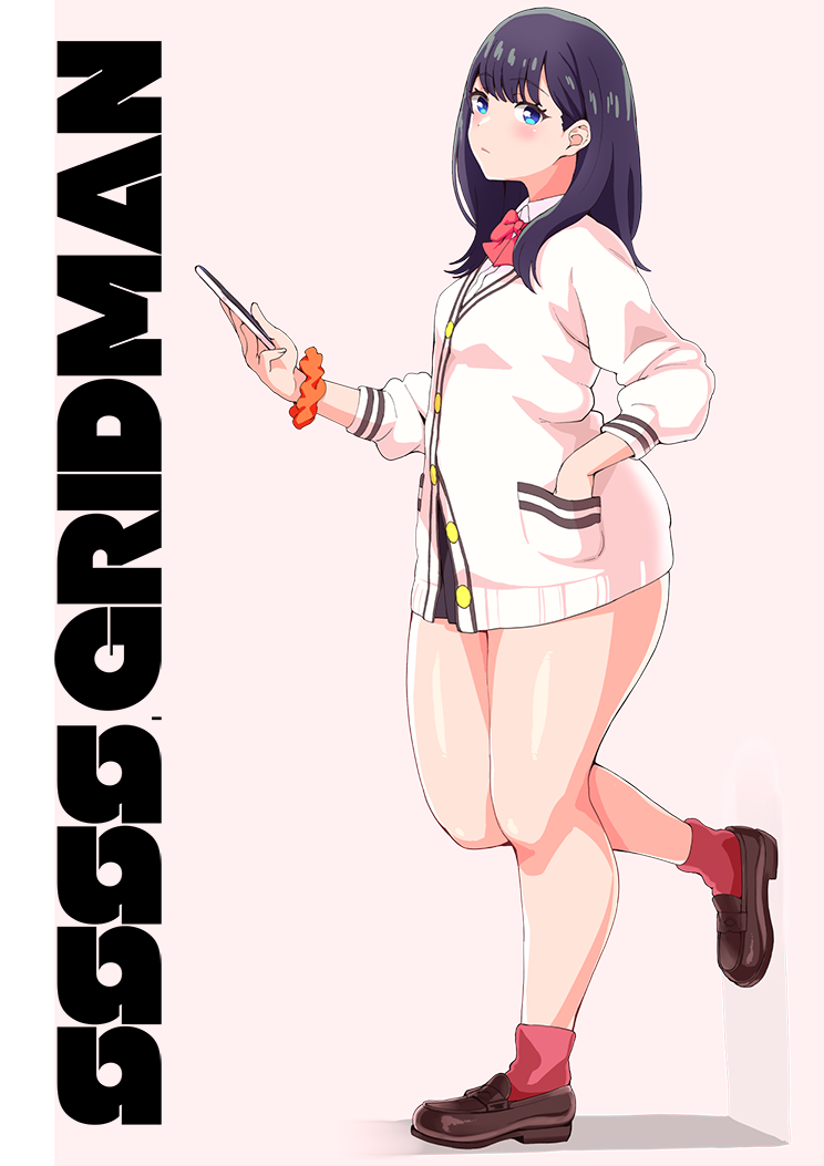 1girl black_hair blue_eyes cardigan commentary_request hand_in_pocket hips leg_up long_hair looking_at_viewer morisoba_(silent_hill) pink_background red_legwear scrunchie shoes simple_background socks solo ssss.gridman takarada_rikka thick_thighs thighs wrist_scrunchie