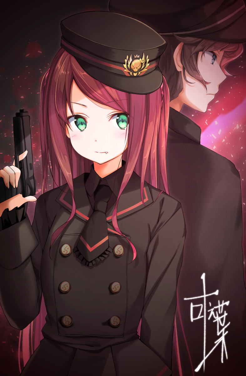 1boy 1girl akabane_youko back-to-back bangs black_hat black_jacket black_neckwear black_shirt black_skirt blue_eyes blush brown_hair closed_mouth collared_shirt commentary_request eyebrows_visible_through_hair fang fang_out finger_on_trigger fingernails frilled_neckwear frills green_eyes gun handgun hat highres holding holding_gun holding_weapon jacket kanae_(nijisanji) long_hair looking_at_viewer looking_away military military_hat military_uniform na53 necktie nijisanji peaked_cap pistol pleated_skirt profile redhead shirt short_necktie signature skirt swept_bangs uniform very_long_hair virtual_youtuber weapon