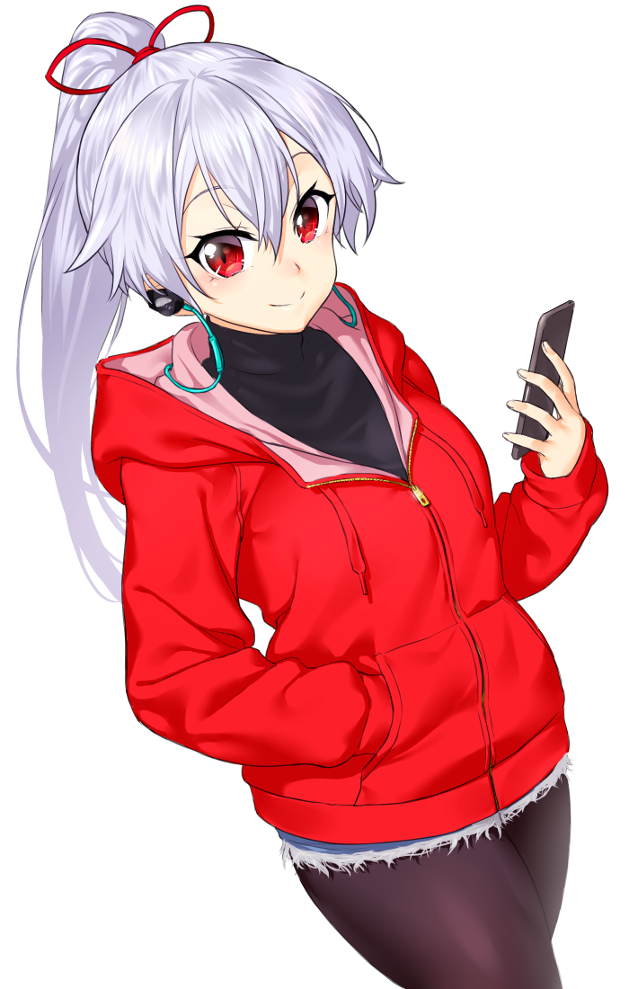 1girl black_bodysuit bodysuit cellphone closed_mouth commentary_request dutch_angle earphones fate/grand_order fate_(series) hair_ribbon hand_in_pocket holding holding_cellphone holding_phone hood hoodie long_hair looking_at_viewer onsoku_maru pantyhose phone ponytail red_eyes red_hoodie red_ribbon ribbon silver_hair simple_background smartphone smile solo standing tomoe_gozen_(fate/grand_order) turtleneck white_background