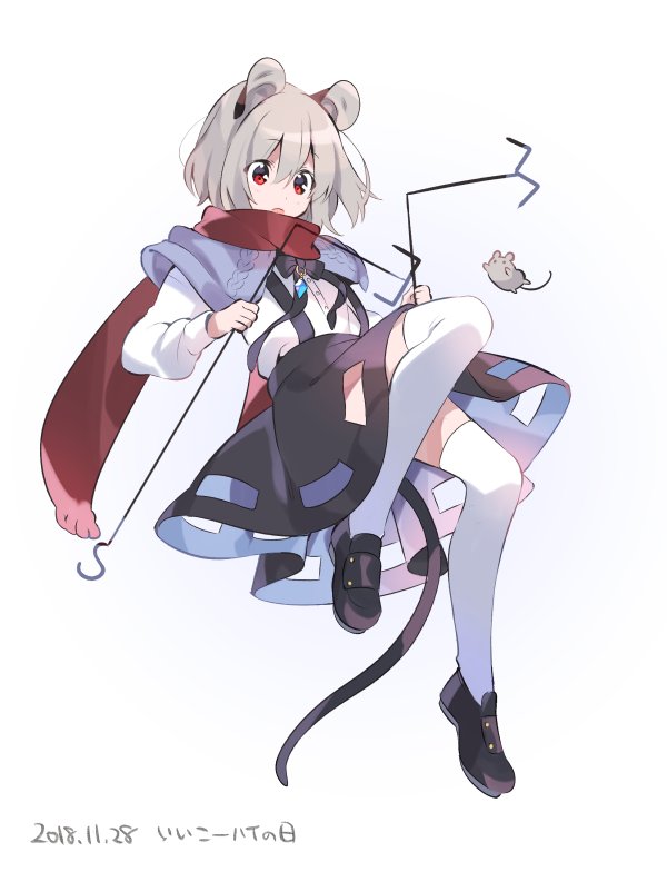 1girl akagashi_hagane animal_ears bangs black_bow black_footwear black_neckwear black_skirt blue_capelet bow bowtie capelet commentary_request dated dowsing_rod eyebrows_visible_through_hair full_body grey_hair hair_between_eyes holding mouse mouse_ears mouse_tail nazrin red_eyes red_scarf scarf shirt shoes short_hair simple_background skirt solo suspenders tail thigh-highs thighs touhou translation_request white_background white_legwear white_shirt