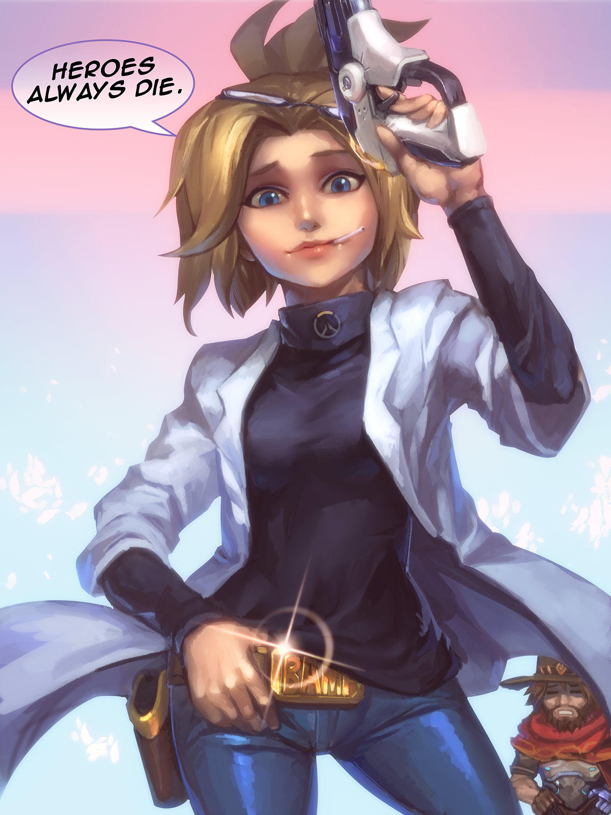 1boy 1girl belt_buckle black_sweater blonde_hair blue_eyes breasts buckle casual cigarette commentary denim english english_commentary eyewear_on_head gun hand_on_belt handgun high_ponytail highres holster jeans labcoat lips looking_at_viewer mccree_(overwatch) medium_breasts mercy_(overwatch) nose overwatch overwatch_(logo) pants parody phantom_ix_row pistol semi-rimless_eyewear solo_focus speech_bubble sweater turtleneck turtleneck_sweater under-rim_eyewear weapon