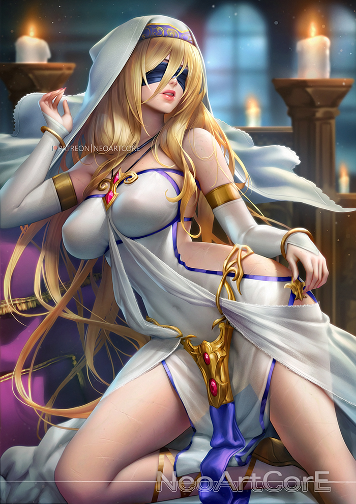 1girl artist_name bangs bare_shoulders blindfold blonde_hair blurry blurry_background bracelet breasts candle covered_navel detached_sleeves dress facing_viewer goblin_slayer! habit hair_between_eyes indoors jewelry large_breasts lips long_hair nail_polish nudtawut_thongmai parted_lips patreon_username pelvic_curtain see-through solo sword_maiden white_dress