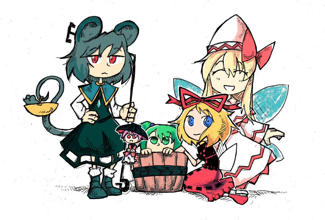 5girls :&lt; animal_ears black_dress blonde_hair blue_eyes blue_footwear bow character_request closed_eyes closed_mouth dress facing_viewer fairy_wings green_eyes green_hair hair_ribbon hand_on_hip hat hat_bow holding kneeling long_hair long_sleeves minigirl mouse mouse_ears mouse_tail multiple_girls nazrin pink_bow pink_hair prehensile_tail red_eyes red_footwear red_ribbon red_skirt ribbon setz shoes skirt smile socks standing tail touhou white_legwear wings