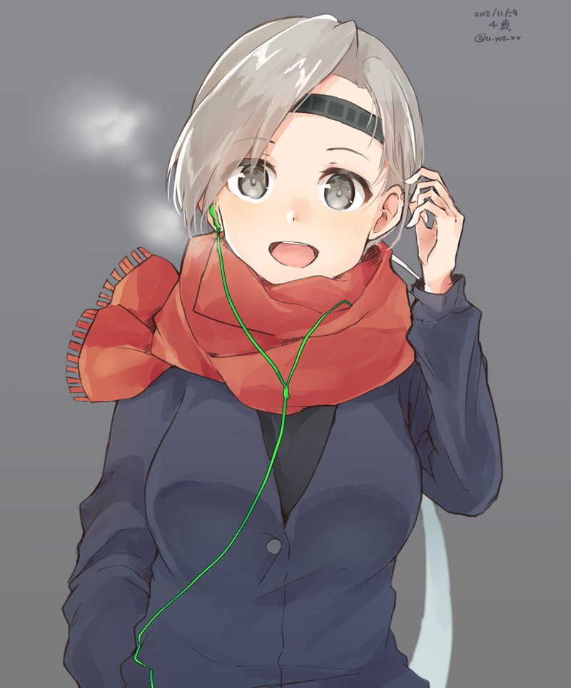 1girl alternate_costume bangs breath chitose_(kantai_collection) earphones grey_background grey_hair headband kantai_collection long_hair looking_at_viewer ponytail red_scarf scarf simple_background solo swept_bangs u_yuz_xx upper_body