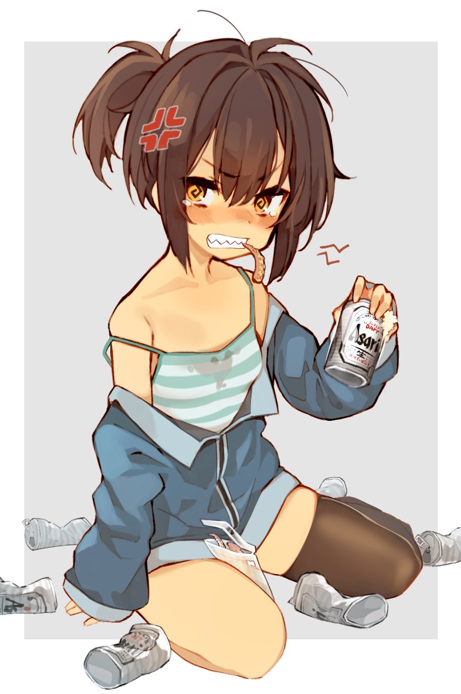 1girl @_@ anger_vein asymmetrical_legwear bangs bare_shoulders beer_can blue_jacket blush brown_eyes brown_hair brown_legwear camisole can collarbone engawa_oishii eyebrows_visible_through_hair food_in_mouth grey_background hair_between_eyes highres holding holding_can jacket long_sleeves mouth_hold nose_blush off_shoulder original ponytail sharp_teeth short_hair single_thighhigh sitting sleeves_past_wrists solo strap_slip striped striped_camisole tears teeth thigh-highs two-tone_background v-shaped_eyebrows white_background