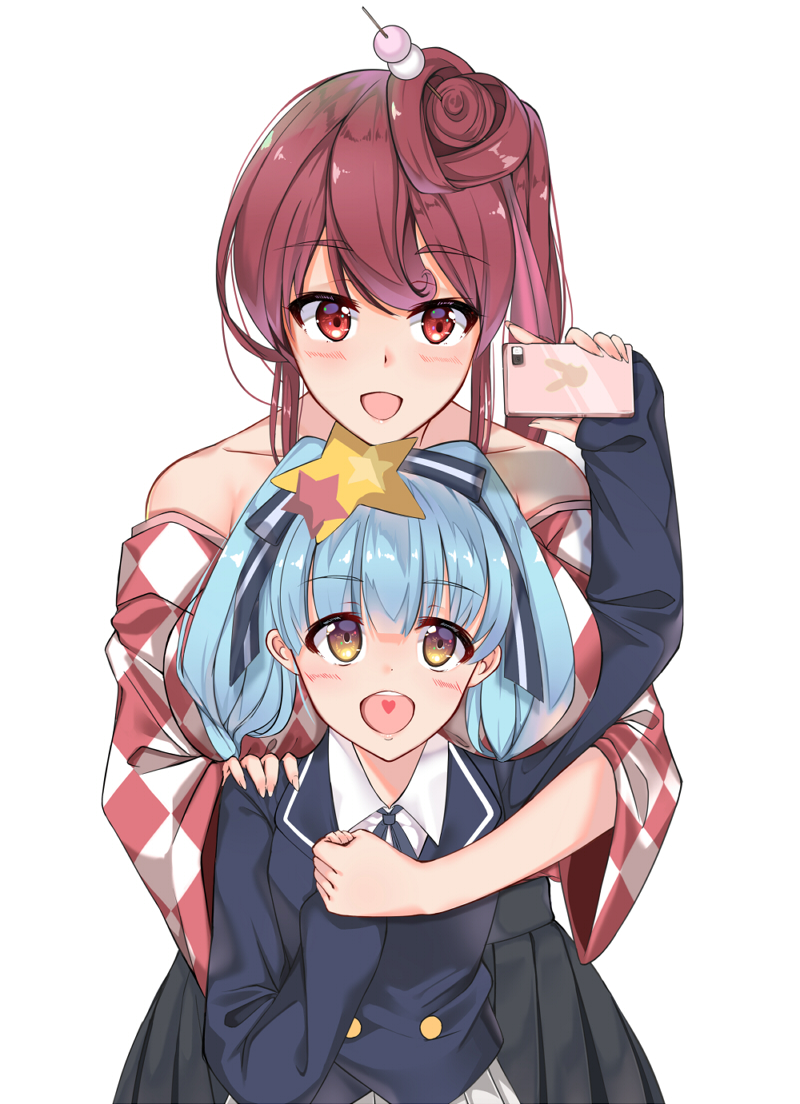 2girls animal_print blue_hair brown_hair bunny_print cellphone checkered checkered_kimono hair_ornament hand_holding hand_on_another's_shoulder heart heart_in_mouth hoshikawa_lily japanese_clothes kimono long_hair multiple_girls off_shoulder open_mouth phone red_eyes ribbon skirt smartphone star star_hair_ornament taking_picture twintails yellow_eyes yuugiri_(zombie_land_saga) zombie_land_saga