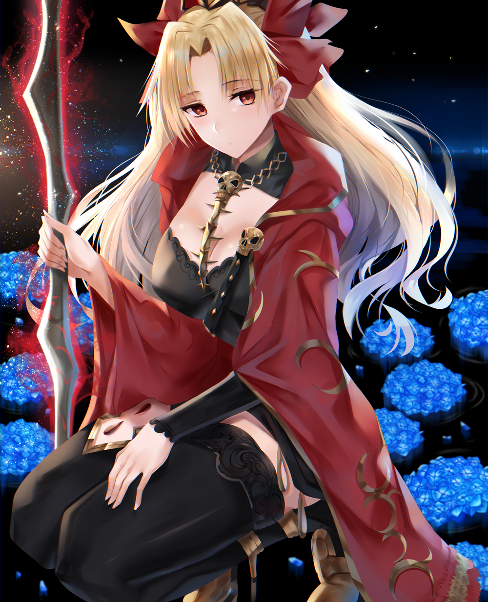 1girl asymmetrical_legwear asymmetrical_sleeves bangs between_breasts black_cape black_legwear blonde_hair blue_flower blue_rose blush breasts buckle cape detached_collar earrings ereshkigal_(fate/grand_order) eyebrows_visible_through_hair fate/grand_order fate_(series) flower fur-trimmed_cape fur_trim glowing gold_trim hair_ribbon highres infinity jewelry kneeling light_particles long_hair looking_at_viewer multicolored multicolored_cape multicolored_clothes necklace night nikek96 outdoors parted_bangs red_cape red_eyes red_ribbon ribbon ripples rose single_sleeve single_thighhigh skull solo thigh-highs tiara twintails two_side_up yellow_cape