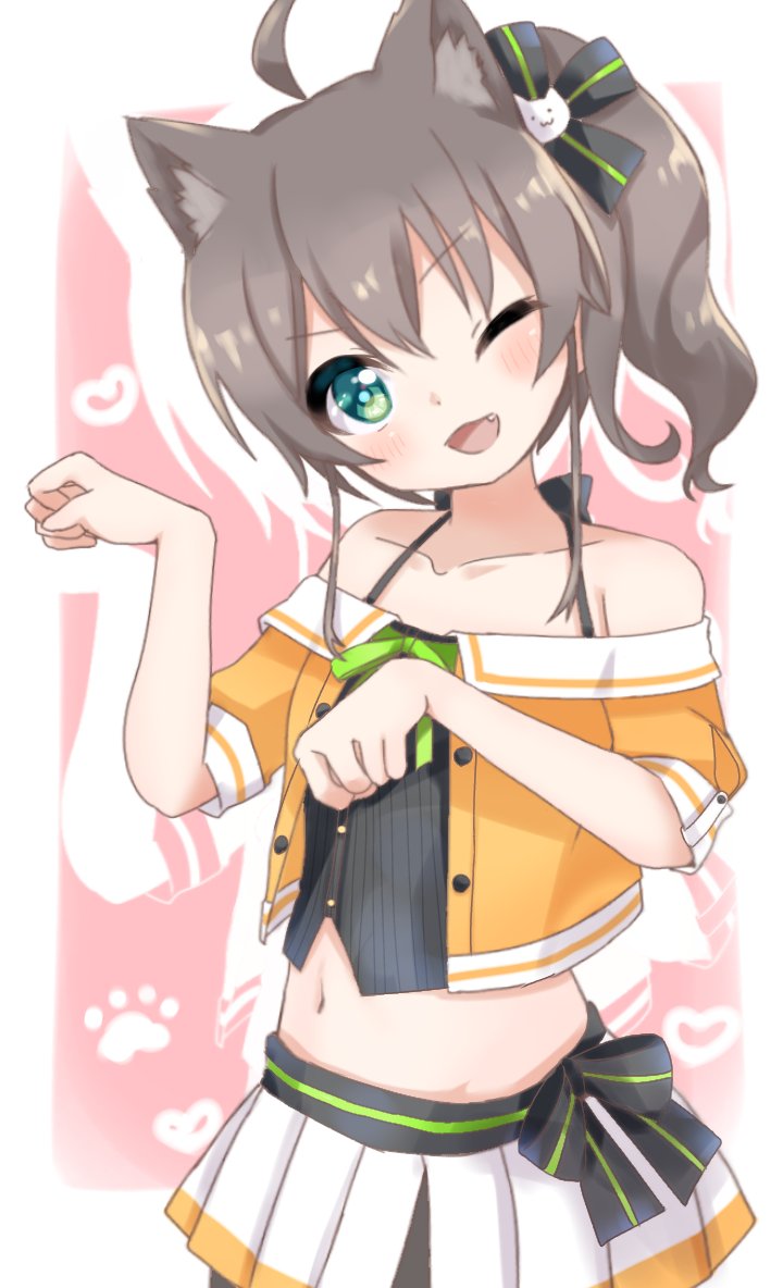 1girl ahoge animal_ears blue_eyes blush breasts brown_hair cat_ears collarbone fang hair_ornament hololive looking_at_viewer midriff natsuiro_matsuri navel one_eye_closed open_mouth paw_pose ribbon side_ponytail simple_background small_breasts solo tn_pr26 virtual_youtuber