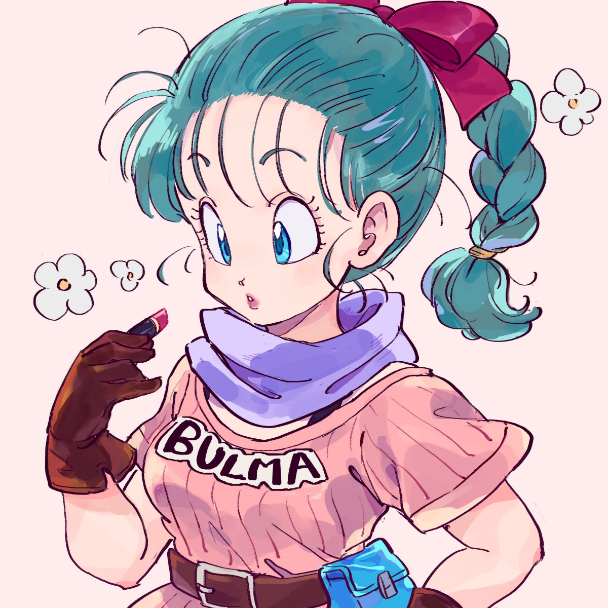 1girl :o applying_makeup belt blue_eyes blue_hair braid brown_gloves bulma character_name clothes_writing commentary dragon_ball dragon_ball_(classic) english_commentary expressionless eyelashes fanny_pack floral_background flower gloves hair_ribbon highres lipstick lipstick_tube looking_down makeup pink_lips pink_ribbon pink_shirt purple_scarf ribbon scarf shirt simple_background solo standing striped striped_shirt tkgsize upper_body vertical-striped_shirt vertical_stripes