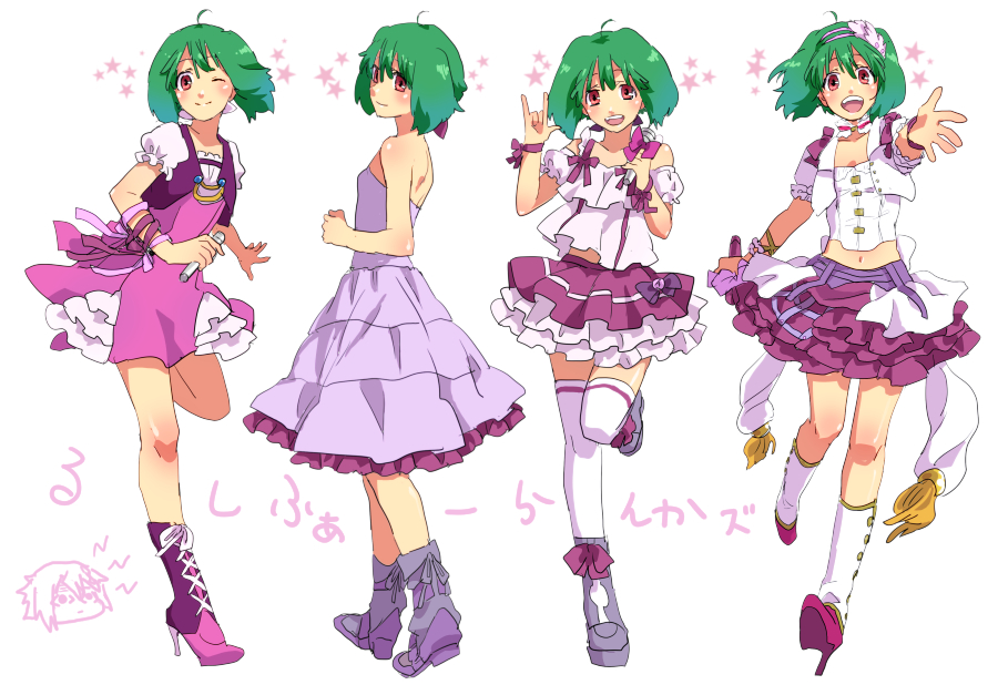 :d ;) \m/ ahoge alternate_color bare_shoulders boots cero_(cerocero) contrapposto cropped_jacket cross-laced_footwear dress full_body green_hair hairband high_heel_boots high_heels lace-up_boots layered_skirt looking_at_viewer macross macross_frontier microphone midriff_peek one_eye_closed open_mouth outstretched_arm puffy_short_sleeves puffy_sleeves ranka_lee red_eyes ribbon seikan_hikou short_hair short_sleeves sleeveless sleeveless_dress smile standing standing_on_one_leg strapless strapless_dress thigh-highs