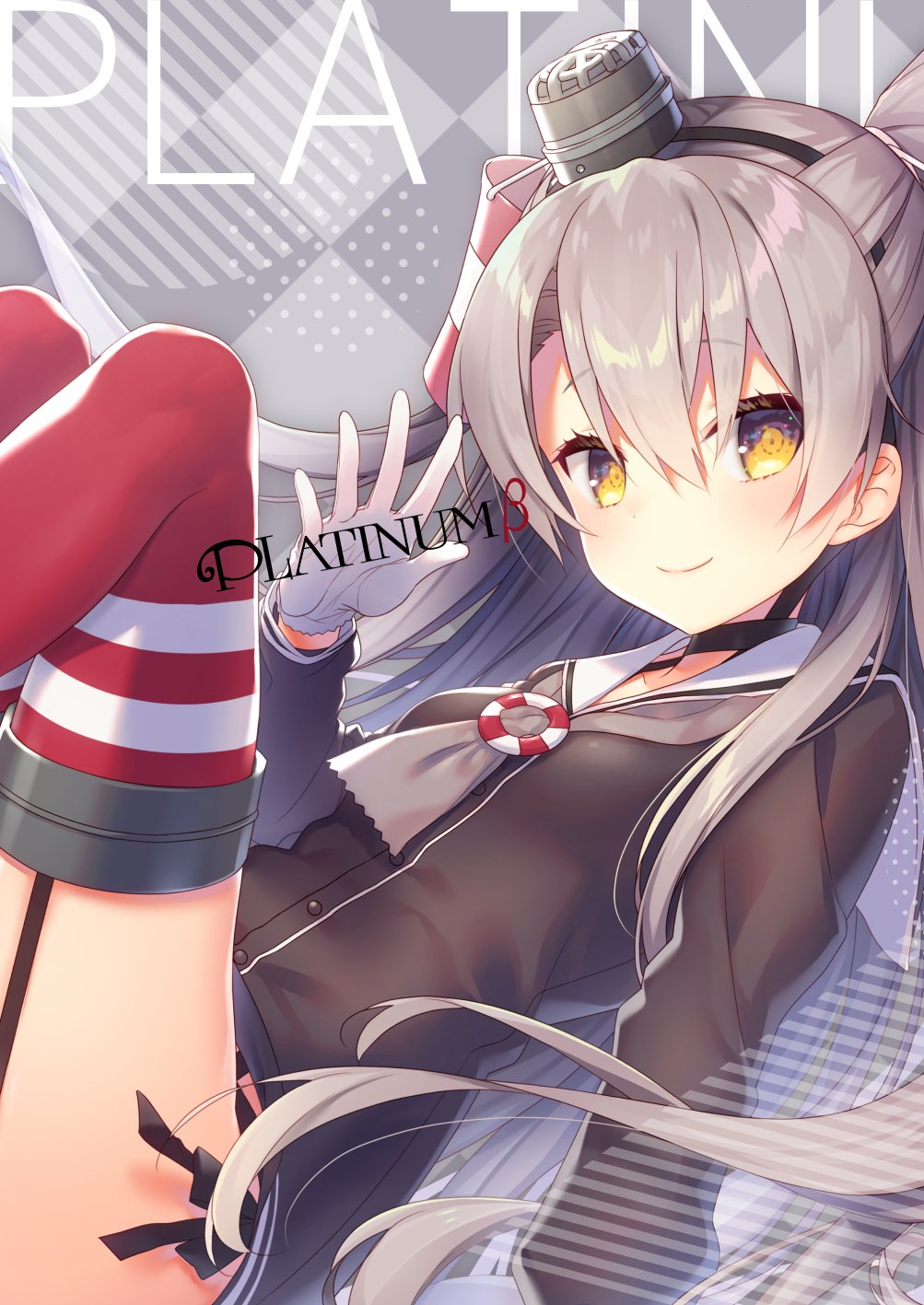 1girl amatsukaze_(kantai_collection) brown_dress brown_eyes commentary_request cover cover_page doujin_cover dress garter_straps gloves hair_tubes hat highres kantai_collection long_hair looking_at_viewer mini_hat red_legwear sailor_dress short_dress silver_hair single_glove smile solo striped striped_legwear tahya thigh-highs two_side_up white_gloves windsock