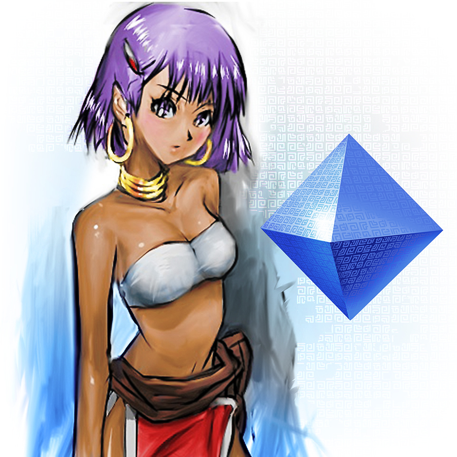 1girl breasts cleavage commentary_request dark_skin earrings fushigi_no_umi_no_nadia hair_ornament hairclip hoop_earrings jewelry nadia neck_ring purple_hair short_hair solo strapless tubetop