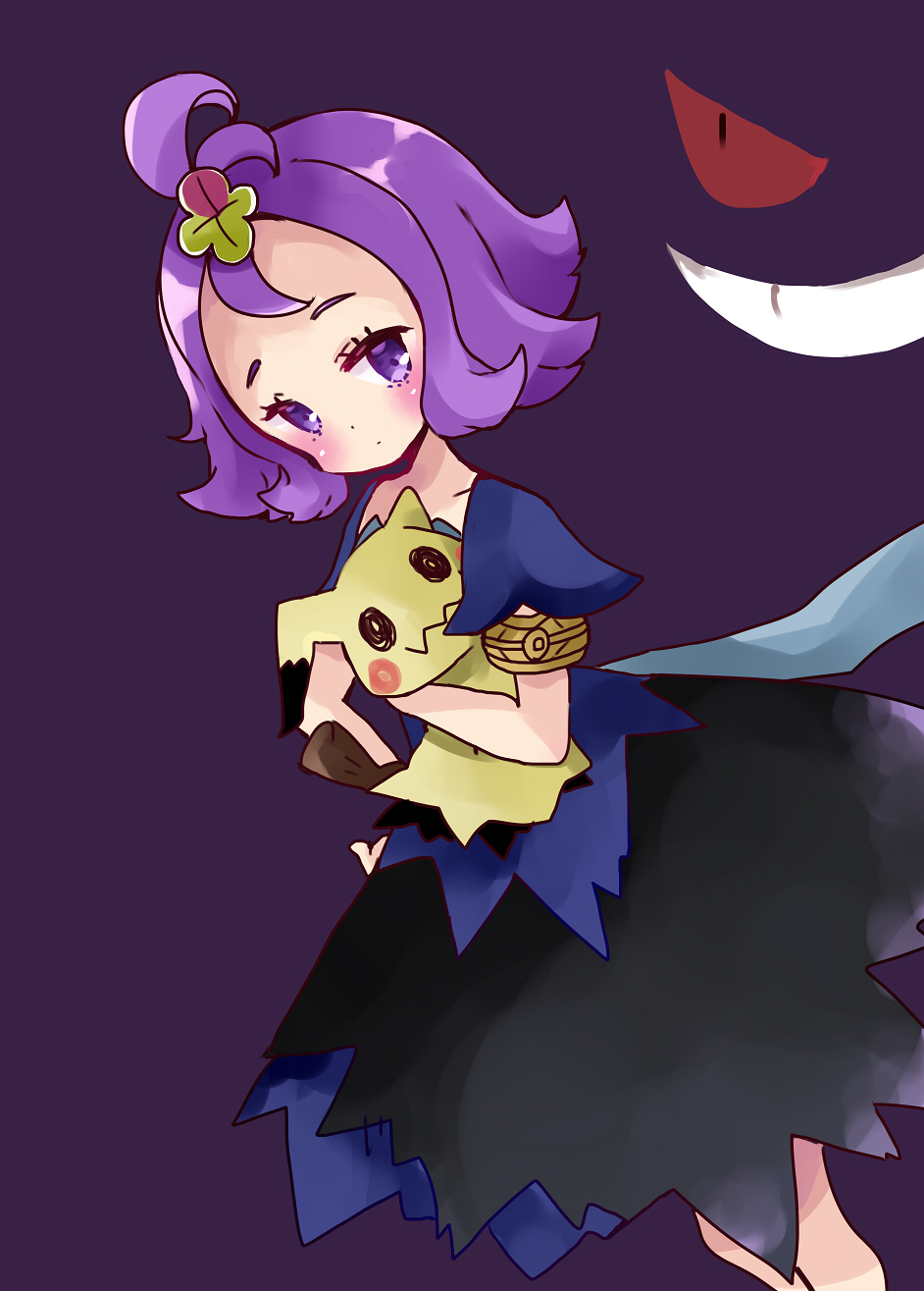 1girl acerola_(pokemon) armlet black_skirt blue_shirt blush closed_mouth creatures_(company) dutch_angle evil_grin evil_smile flipped_hair game_freak gen_1_pokemon gen_7_pokemon gengar grin highres hug mimikyu nintendo pokemon pokemon_(creature) pokemon_(game) pokemon_sm purple_background purple_hair red_eyes shirt short_sleeves skirt smile standing tsukiyo_(skymint) violet_eyes