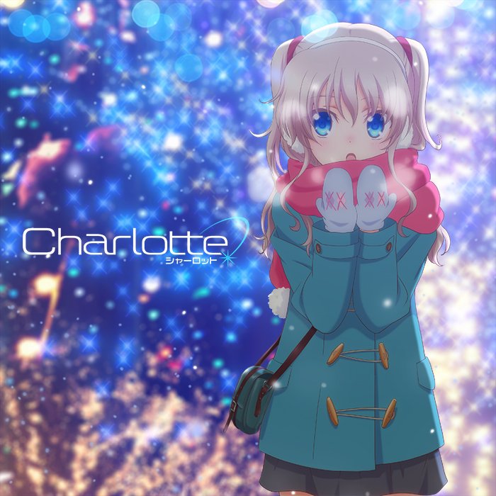 1girl blue_eyes charlotte_(anime) commentary_request copyright_name cowboy_shot earmuffs green_coat grey_skirt higashiji_kazuki long_hair looking_to_the_side mittens official_art open_mouth pink_scarf pleated_skirt scarf silver_hair skirt solo sparkle_background standing tomori_nao two_side_up winter_clothes