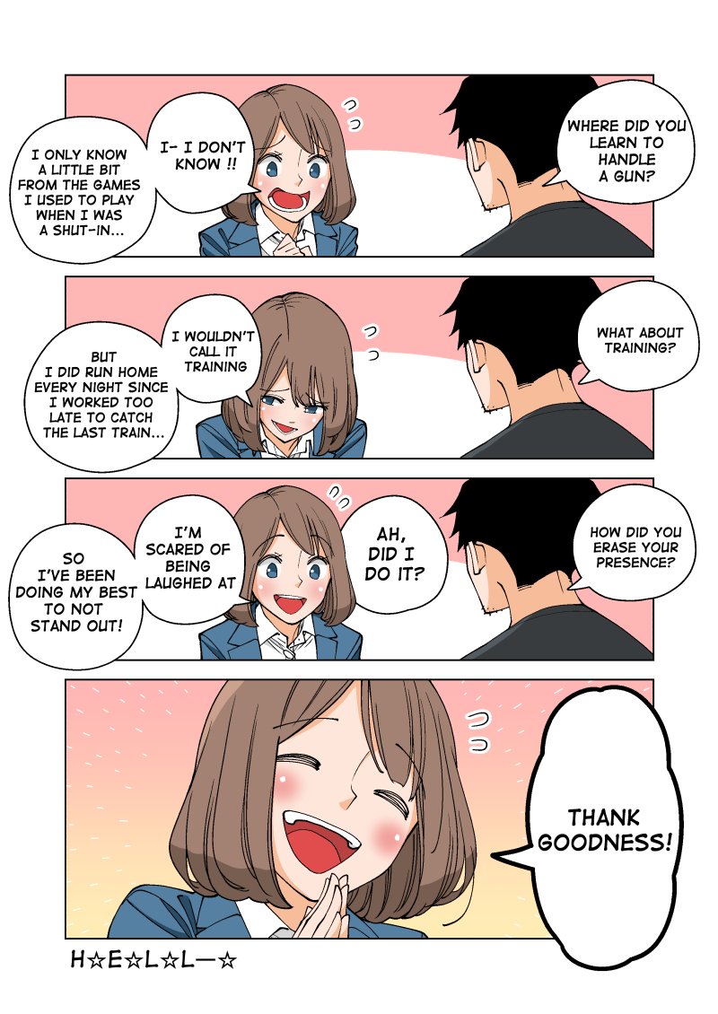 1boy 1girl 4koma black_hair blue_eyes bob_cut brown_hair comic facial_hair formal hard_translated nishino_kanako office_lady original stubble suit wakabayashi_toshiya