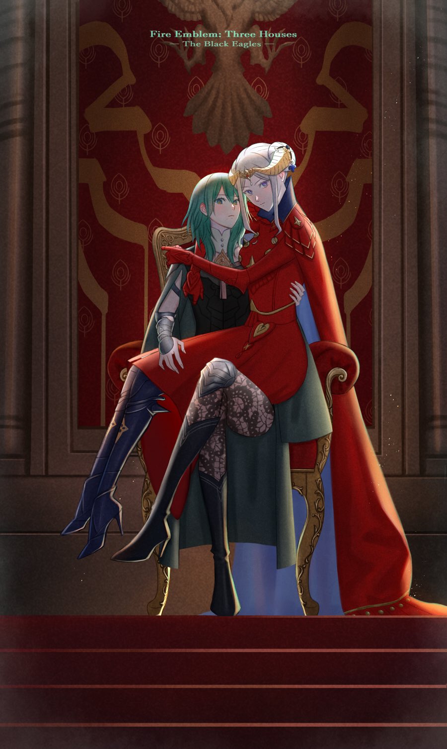 2girls arm_around_waist arm_guards boots byleth_(fire_emblem) byleth_eisner_(female) cape copyright_name crossed_legs edelgard_von_hresvelg fire_emblem fire_emblem:_three_houses green_hair high_heels highres jedehaun2i5b8sb looking_at_viewer multiple_girls pantyhose red_cape silver_hair sitting sitting_on_lap sitting_on_person throne tiara yuri