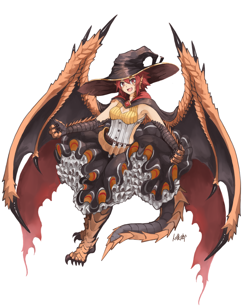 1girl :d animal_ears barefoot belt black_cape black_hat black_skirt cape claws dragon_girl dragon_tail fang frilled_skirt frills full_body halloween hat highres hitokuirou looking_at_viewer monster_girl multicolored multicolored_cape multicolored_clothes open_mouth original red_cape red_eyes redhead scales short_hair signature simple_background skirt smile solo solo_vivace_(hitokuirou) tail vial white_background witch_hat