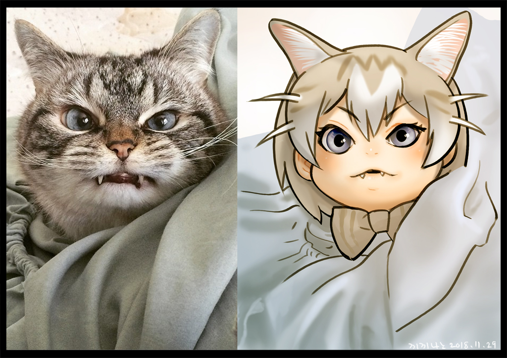1girl angry animal_ears black_border blanket border bow bowtie cat cat_(kemono_friends) cat_ears commentary_request dated extra_ears eyebrows_visible_through_hair fangs grey_eyes hair_between_eyes kemono_friends korean_commentary looking_at_viewer mixed-language_commentary photo reference_photo_inset roonhee solo v-shaped_eyebrows
