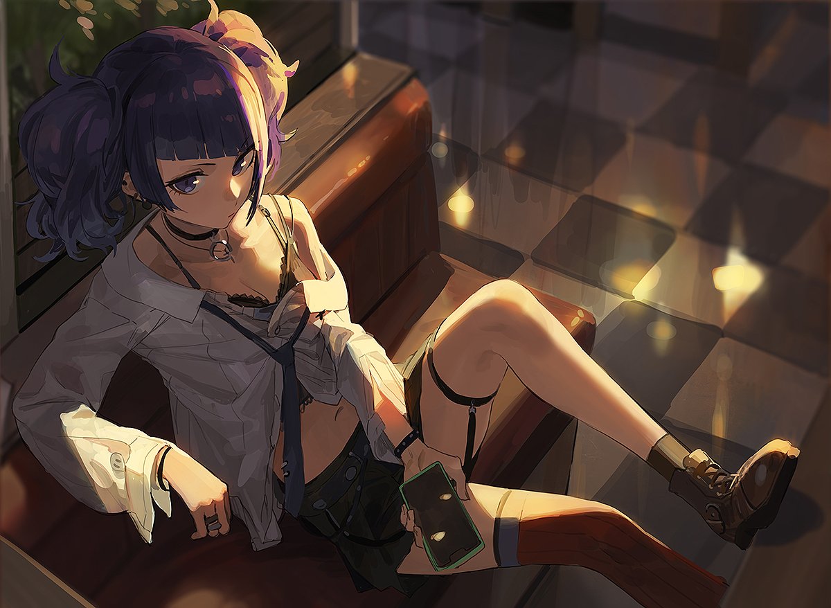 1girl bangs belt black_bra boots bra bracelet breasts choker cleavage closed_mouth collarbone diagonal_bangs dress_shirt green_skirt idolmaster idolmaster_shiny_colors jewelry knee_up legs long_hair long_sleeves looking_at_viewer medium_breasts midriff miniskirt mossi necktie off_shoulder purple_hair ring shirt short_twintails single_thighhigh sitting skirt solo tanaka_mamimi thigh-highs thigh_strap twintails underwear violet_eyes white_shirt