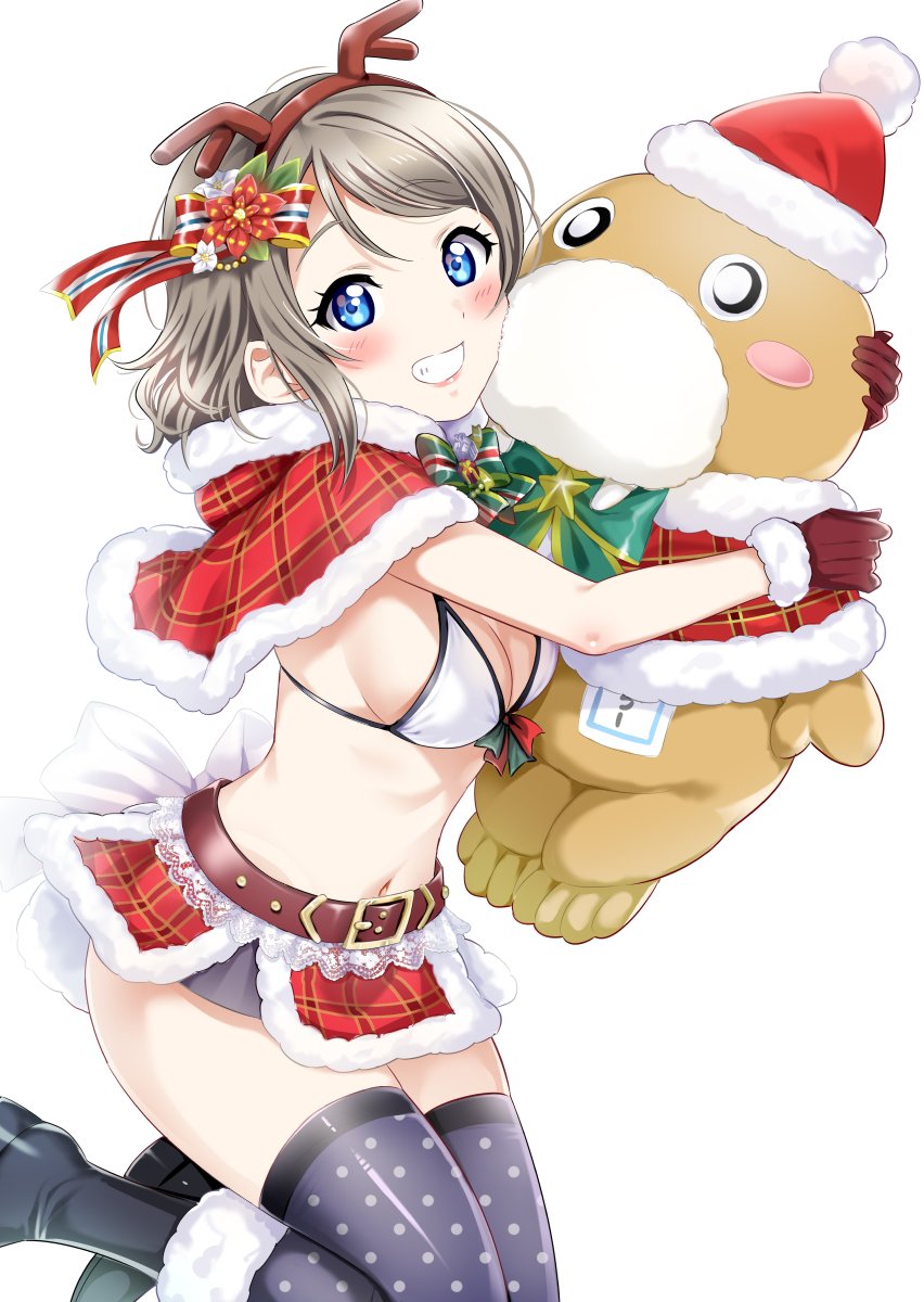 1girl antlers bangs bare_arms belt belt_buckle bikini_top black_footwear blue_eyes blush blush_stickers bow bow_bikini breasts buckle capelet christmas cleavage fur_trim gloves green_bow grey_hair grin hair_ornament hair_ribbon hat head_tilt headband highres legs_up light_background looking_at_viewer love_live! love_live!_sunshine!! medium_breasts miniskirt navel plaid plaid_capelet plaid_skirt polka_dot polka_dot_legwear red_capelet red_gloves reindeer_antlers ribbon rozen5 santa_hat short_hair sideboob simple_background skirt smile solo stuffed_animal stuffed_toy teeth thigh-highs uchicchii watanabe_you white_background white_bikini_top white_bow